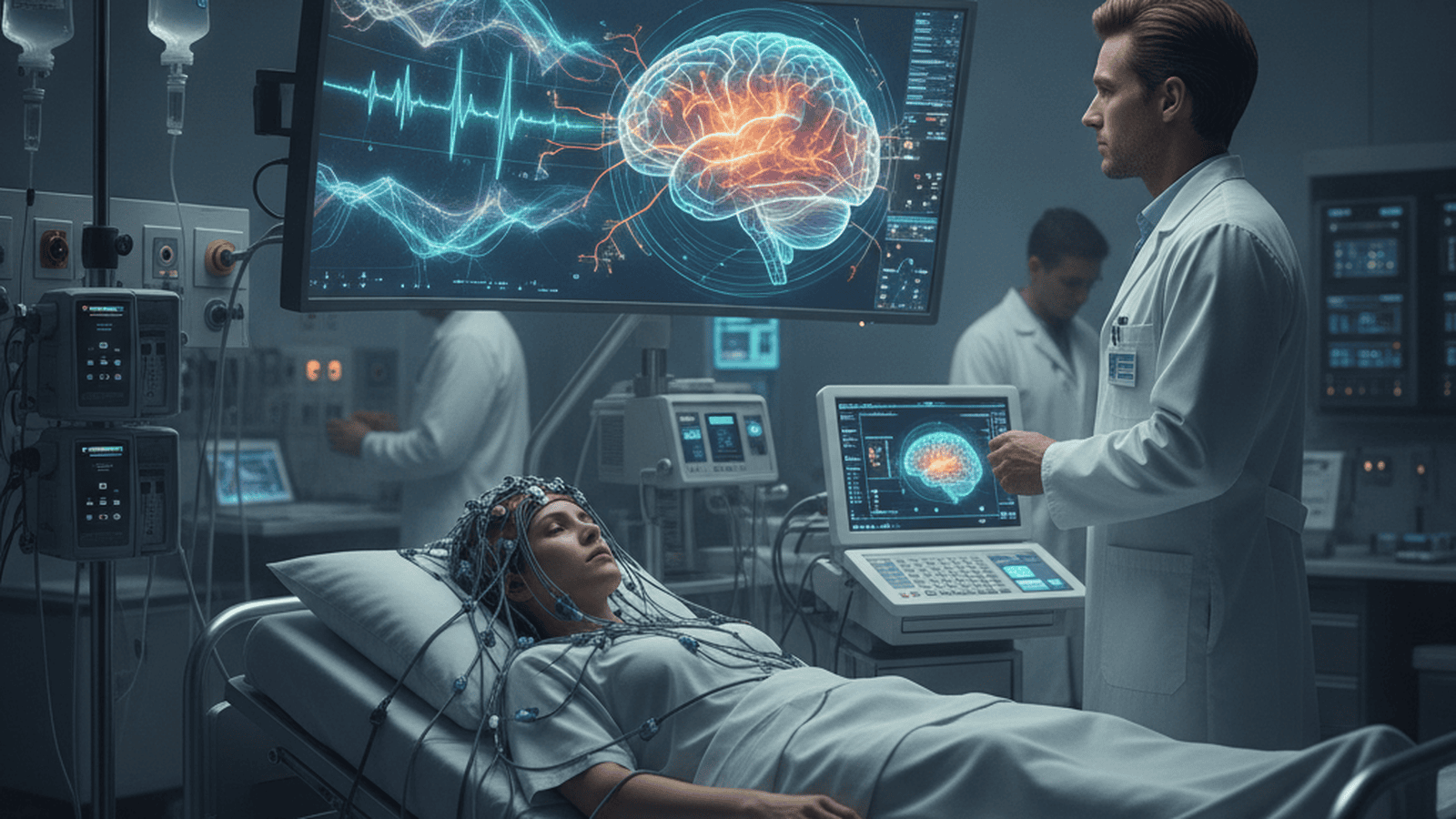 A medical researcher monitors brain-wave data from an unresponsive patient in a high-tech hospital setting.