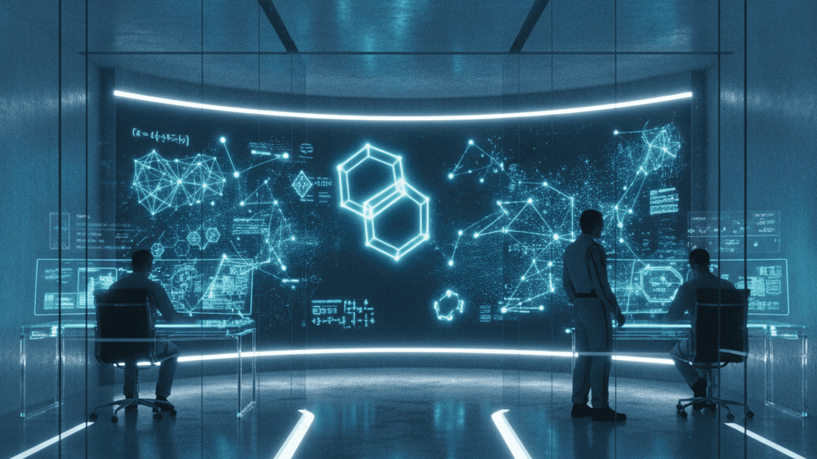 A digital visualization of complex geometric proofs and neural network structures on a laboratory monitor.