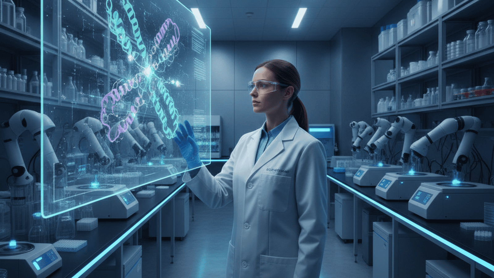 A scientist analyzes a complex molecular model of a transport protein in a modern biotechnology laboratory.