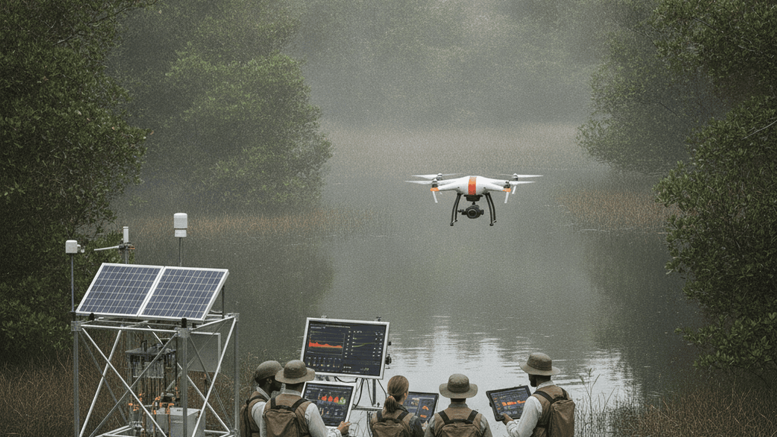 Scientists monitoring methane emissions in a tropical wetland using advanced sensor technology and drones.
