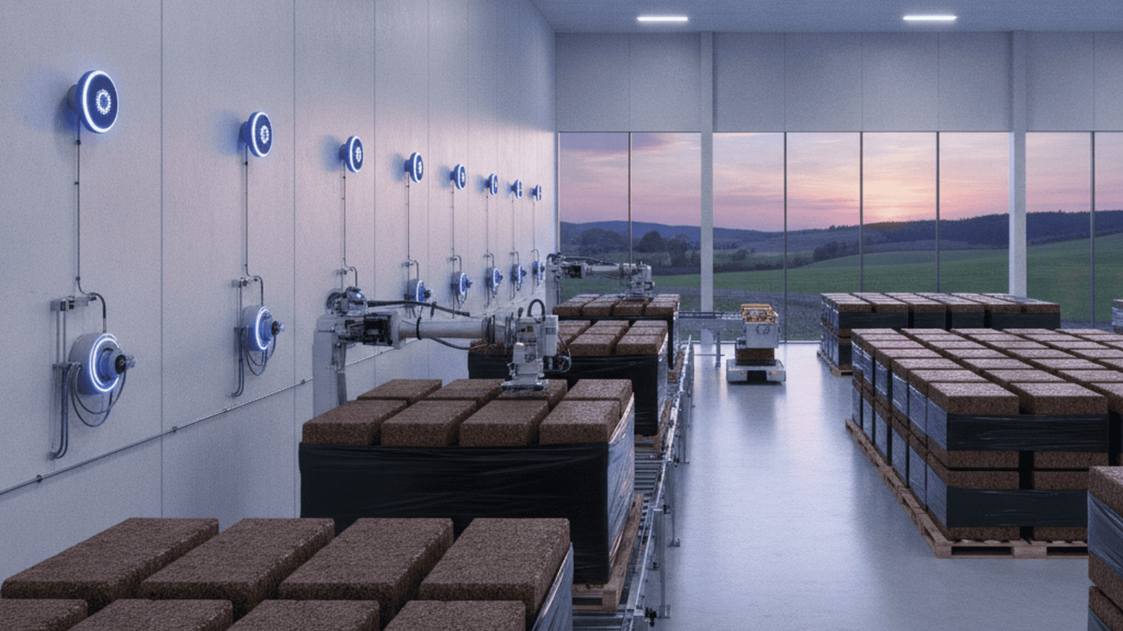 Automated machinery wraps dense blocks of compressed biomass in protective coatings at a carbon sequestration facility.