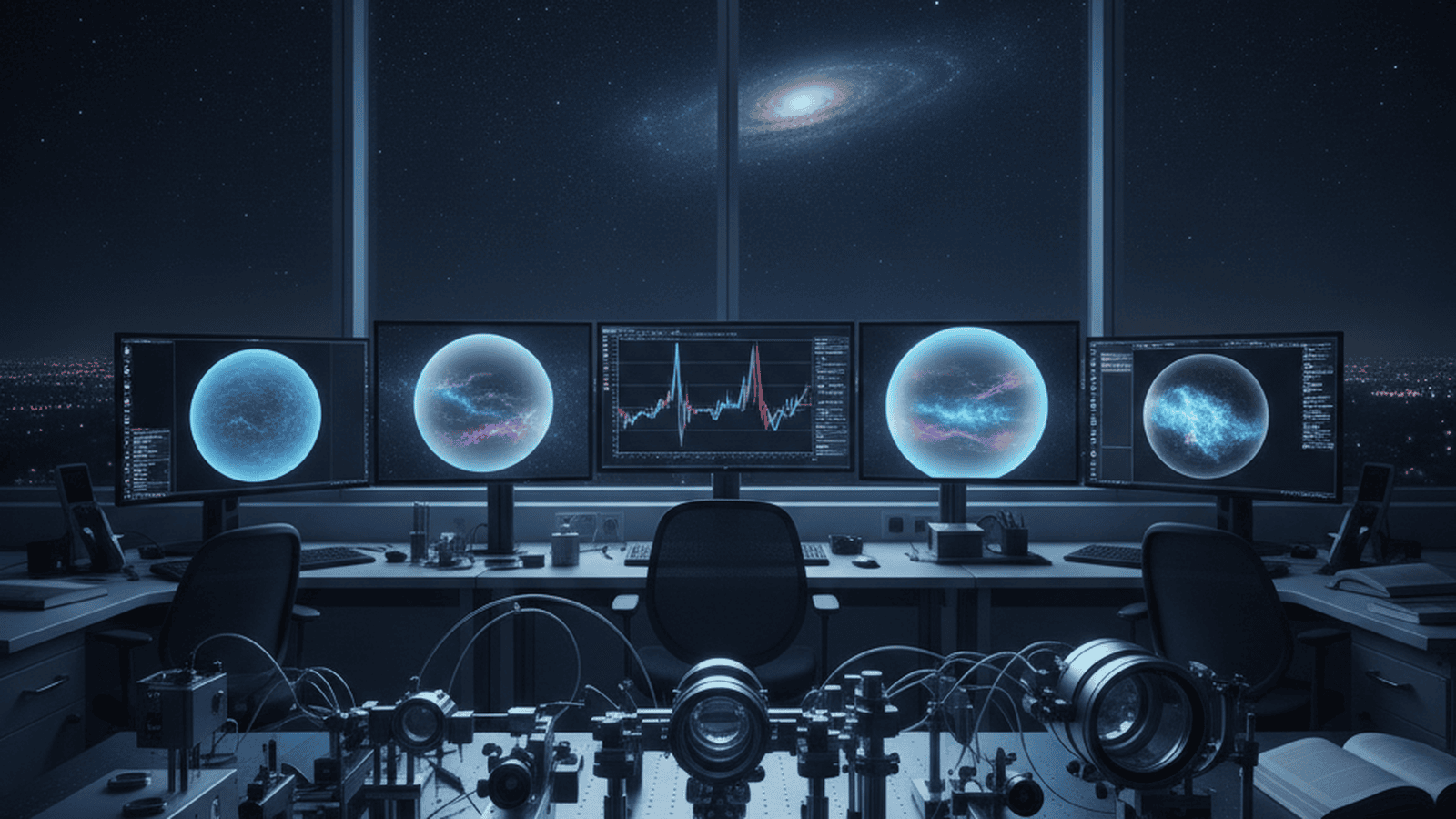 A modern university astrophysics lab with computer monitors showing exoplanet data and a starry sky visible through the window.