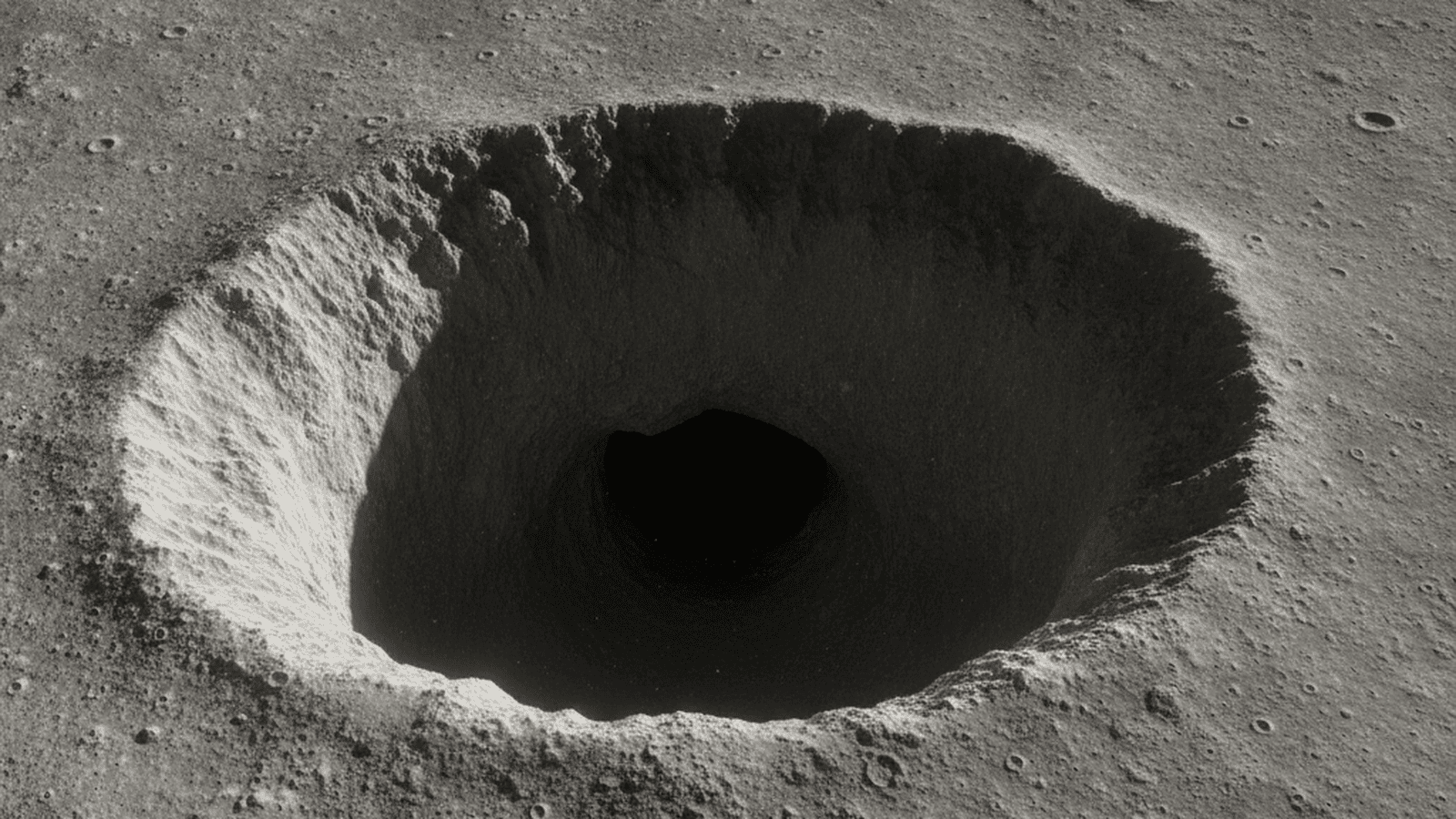 A large, deep pit on the lunar surface with a dark cave entrance visible at the bottom.
