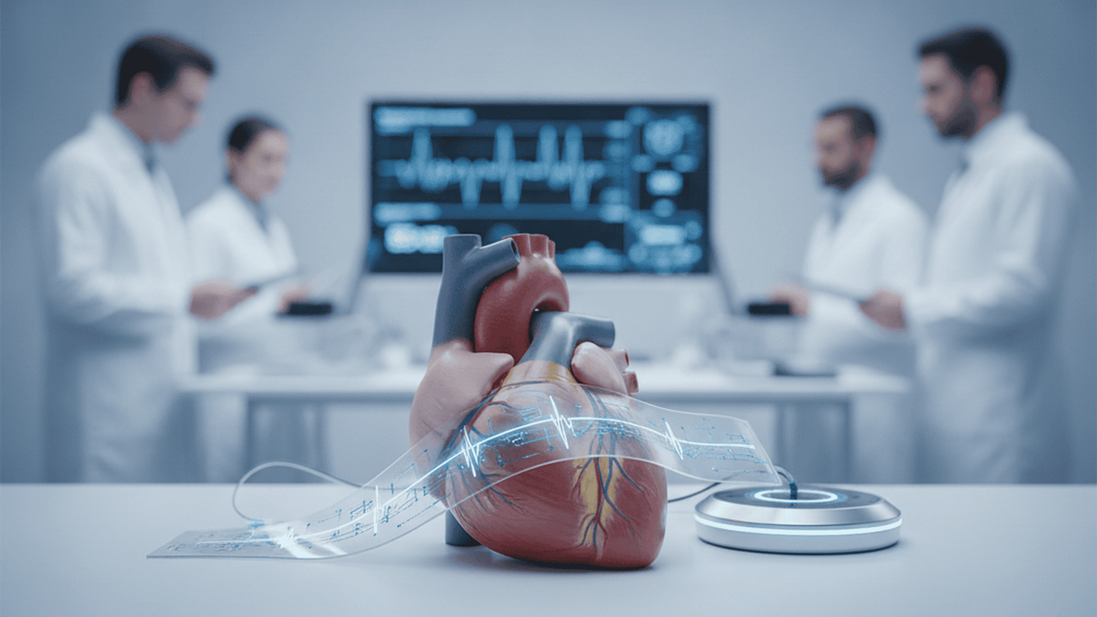 science-manchester-heartbeat-powered-pacemaker-cb08fc94 A flexible piezoelectric energy harvester attached to a synthetic heart model in a medical research laboratory.