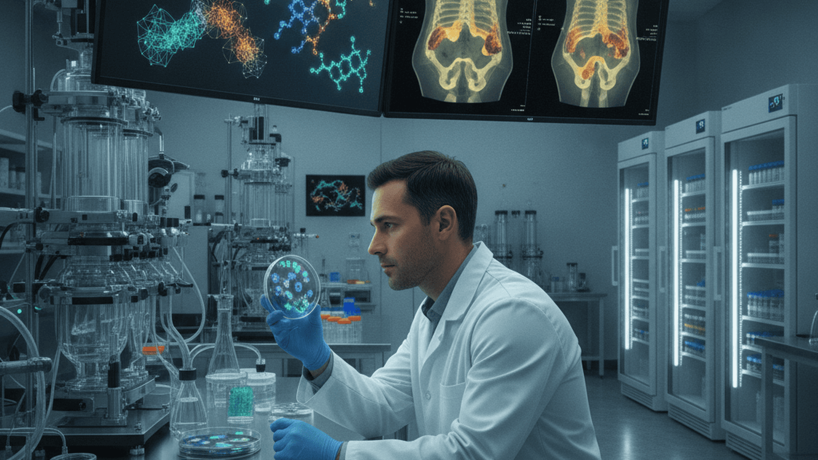 science-marine-pseudonocardia-reveromycin-discovery-1d6eb40e A scientist in a modern laboratory examines marine bacterial cultures alongside 3D bone scans.