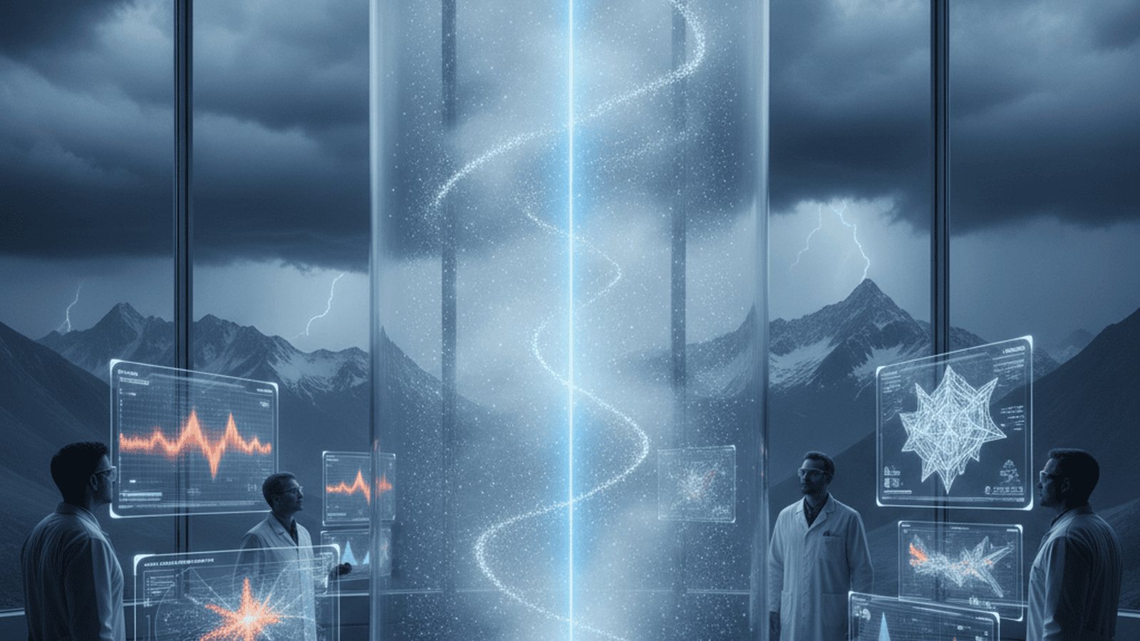 A research laboratory featuring a cloud chamber where scientists study the interaction of microplastics and ice formation.