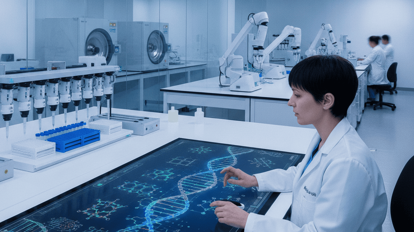 A scientist analyzes molecular data in a modern biomedical research facility.