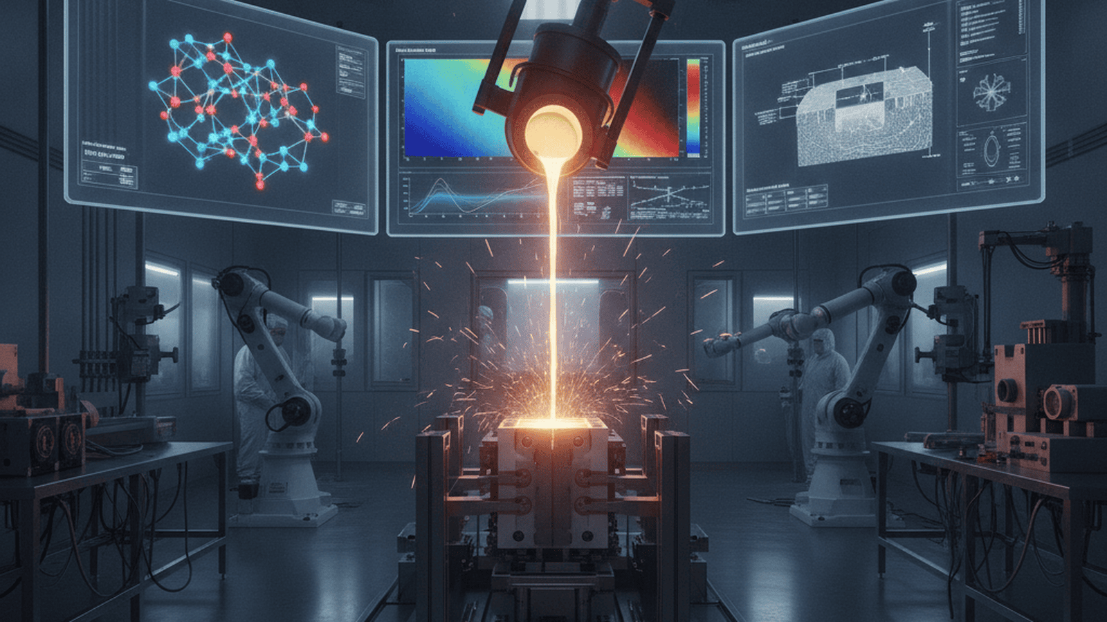 A molten aluminum-cerium alloy glows bright orange as it is poured into a mold within a high-tech laboratory.