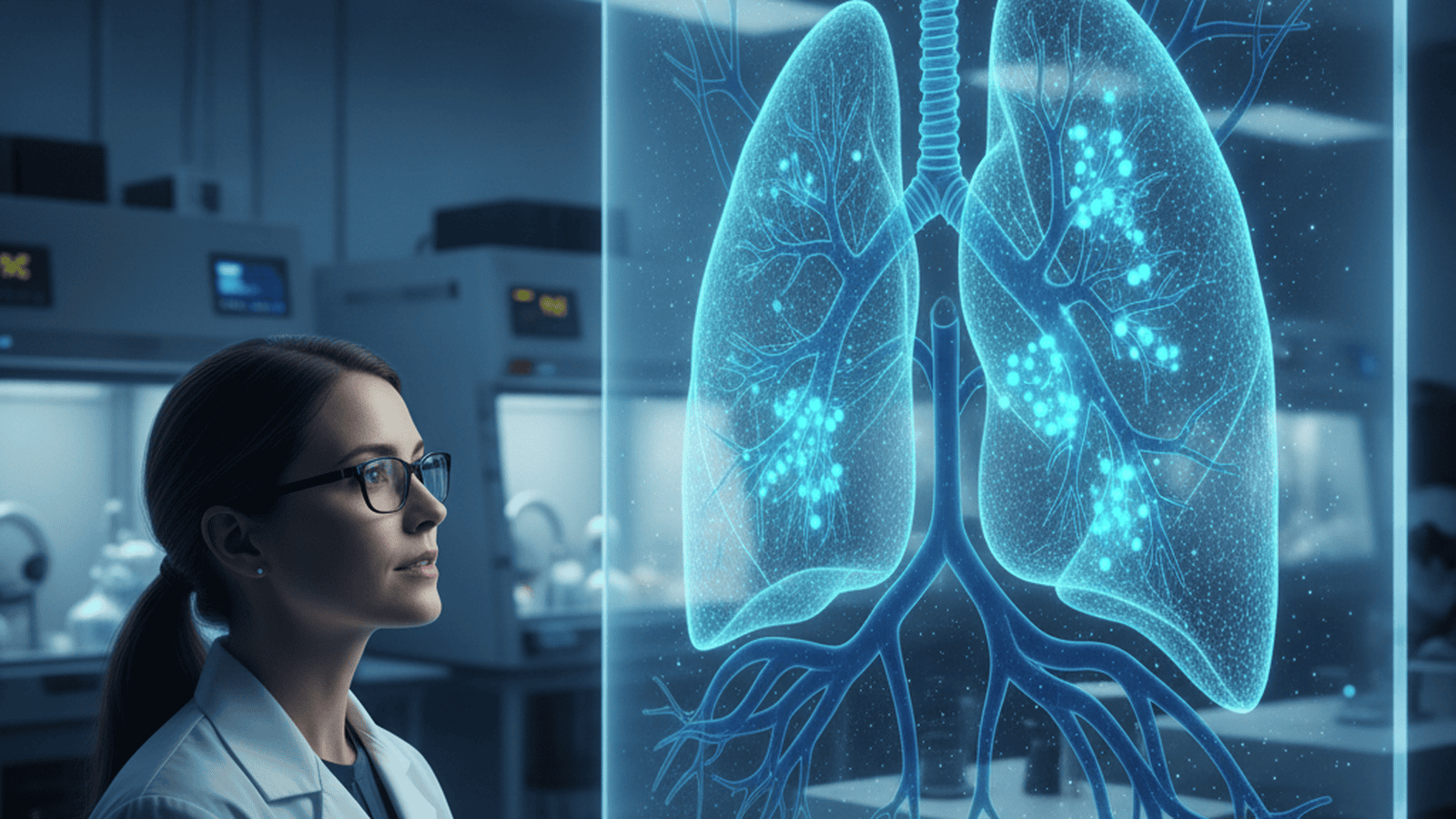 A scientist analyzes a 3D digital model of lung tissue showing specialized repair cells in a modern laboratory.