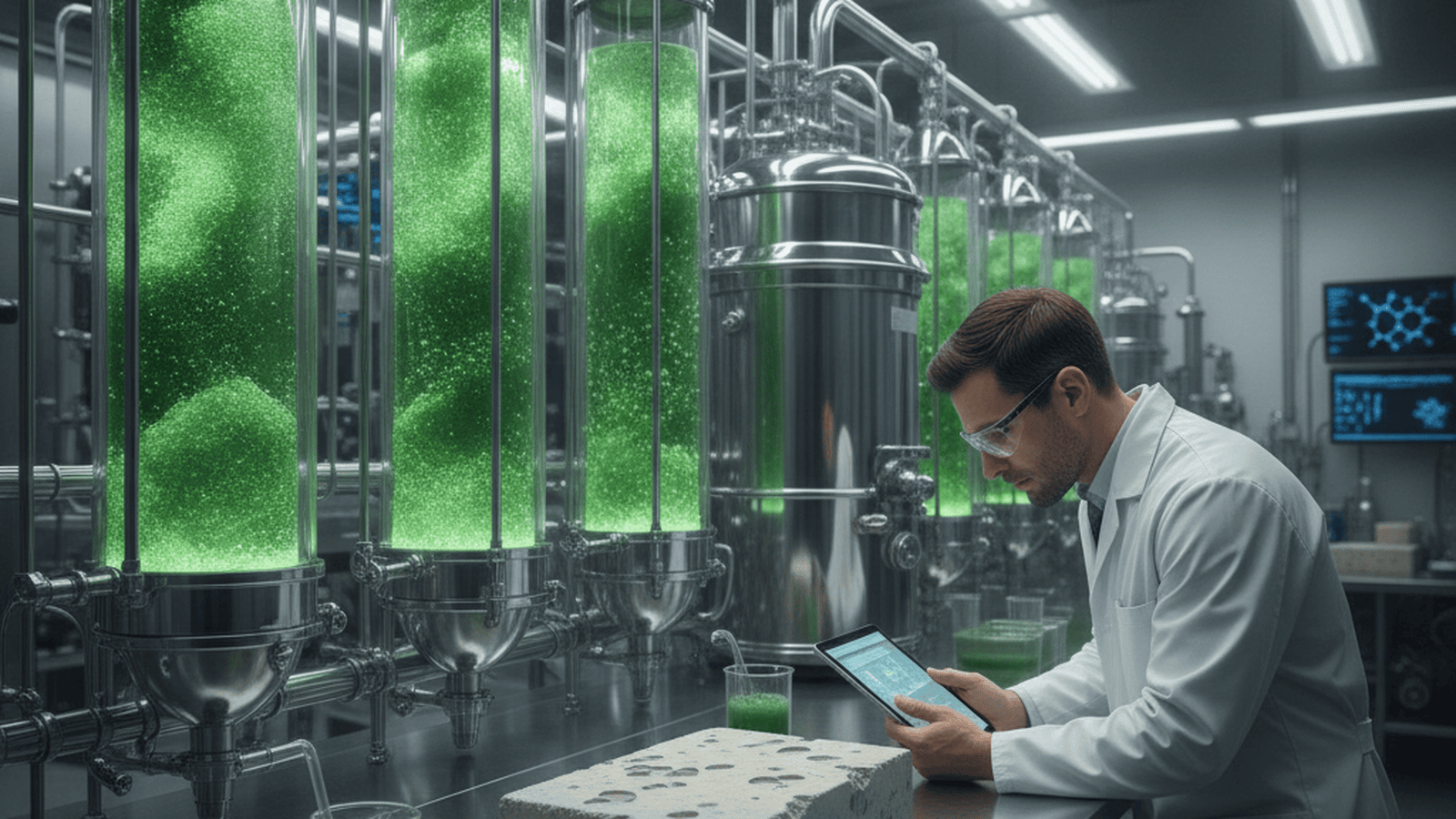 A scientist examines a bio-concrete block in a laboratory filled with green algae bioreactors.