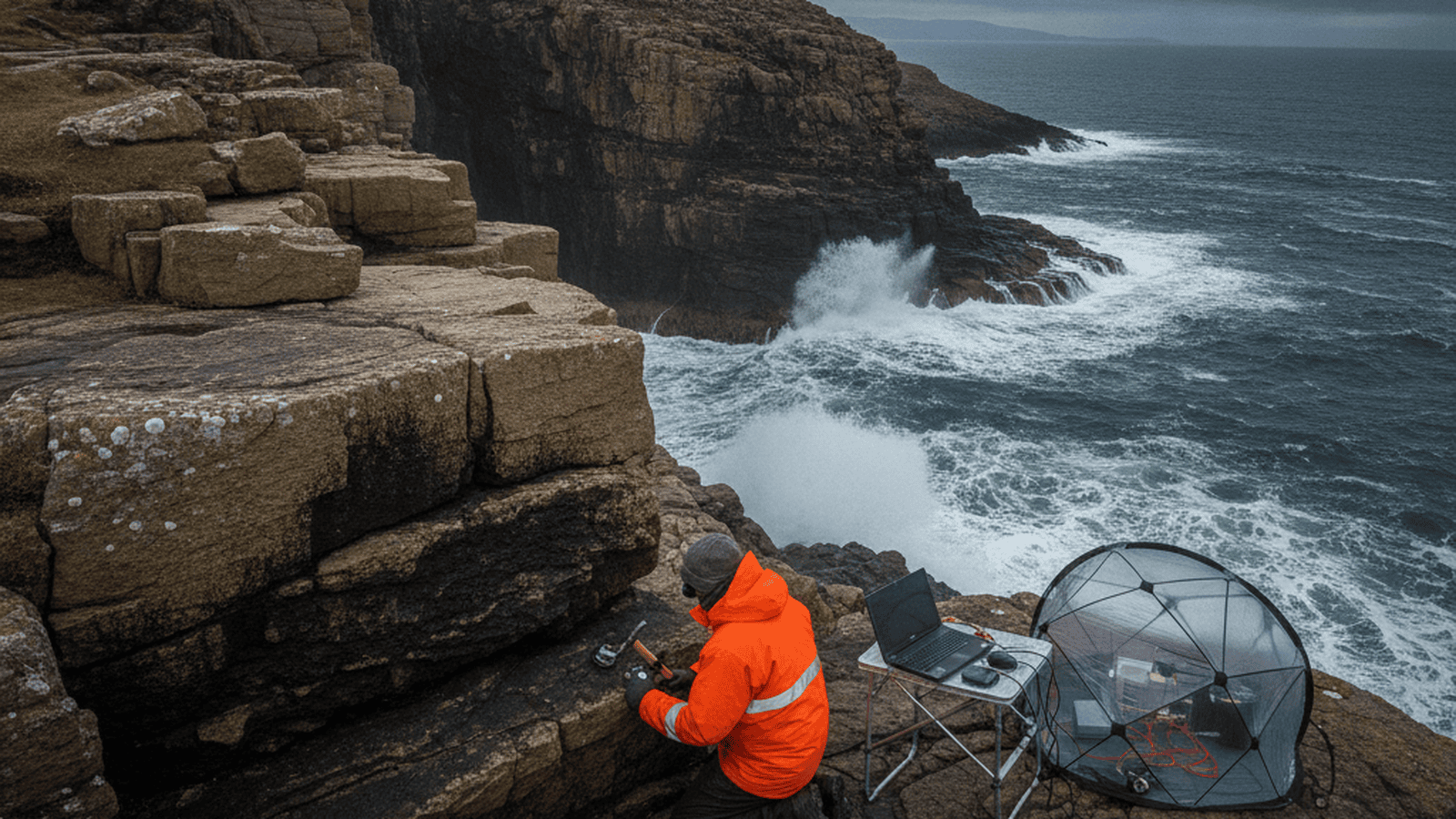 A geologist examines ancient rock layers on a Scottish cliffside near scientific equipment.
