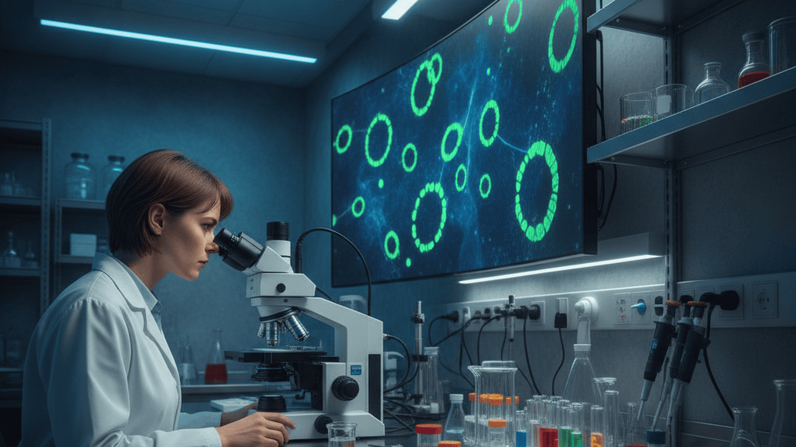 A scientist in a modern laboratory examines circular extrachromosomal DNA fragments displayed on a high-resolution digital screen.
