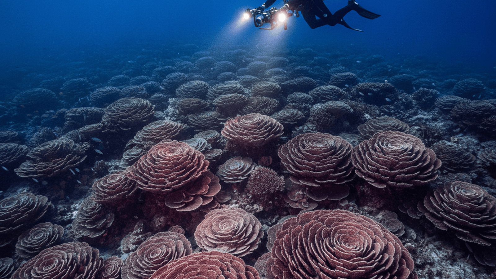 A vast underwater field of giant rose-shaped corals in the deep blue waters off Tahiti.
