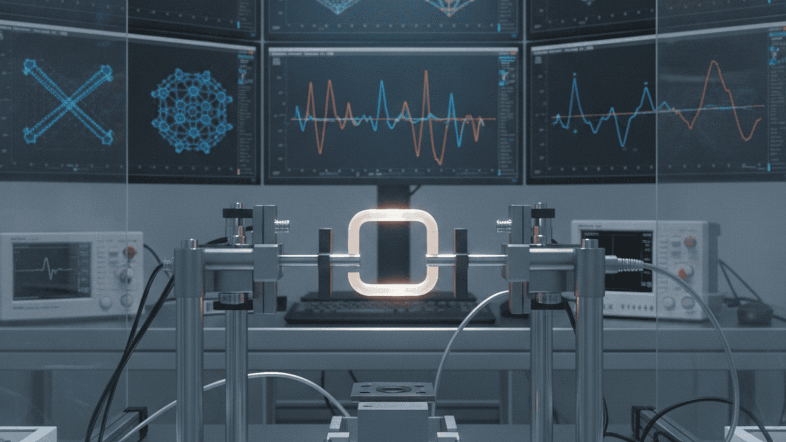 A laboratory apparatus performing a stress test on a flexible ceramic component.