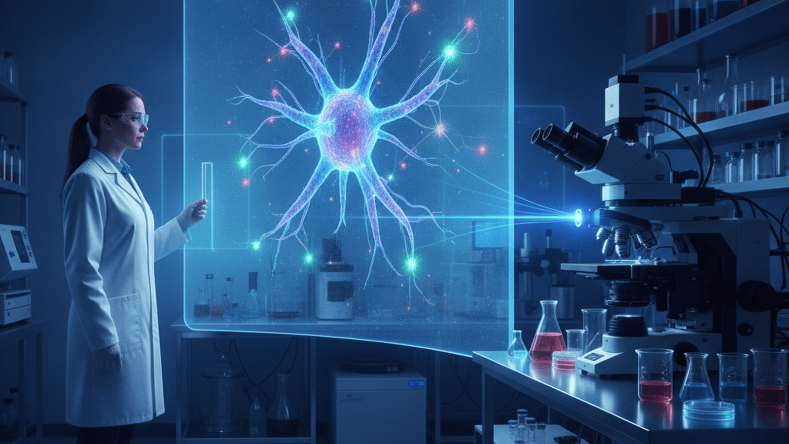 A scientist analyzes a 3D model of an astrocyte and neural synapses on a high-resolution laboratory monitor.