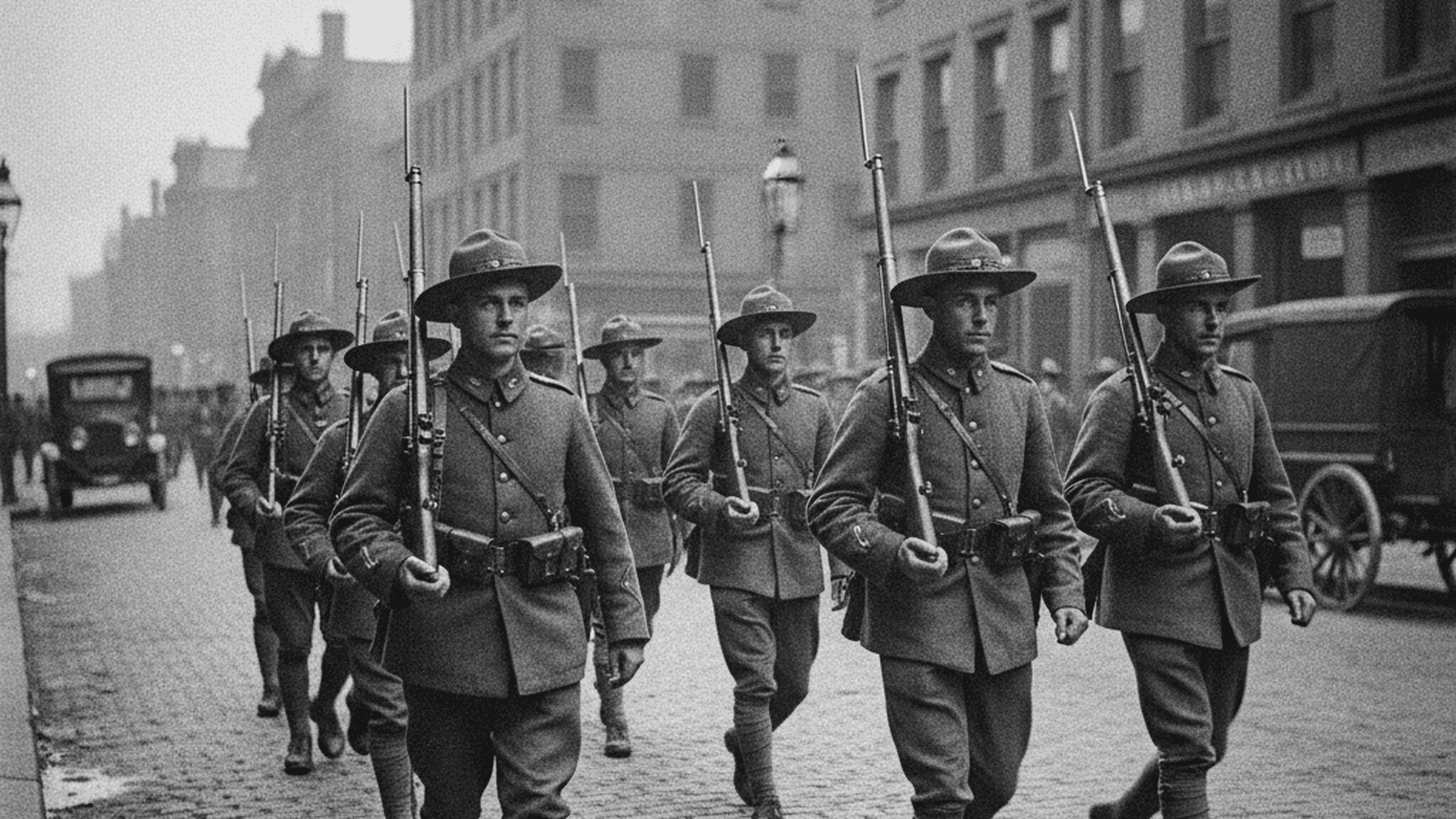 Massachusetts State Guard members in WWI-style uniforms patrol a Boston street during the 1919 police strike.