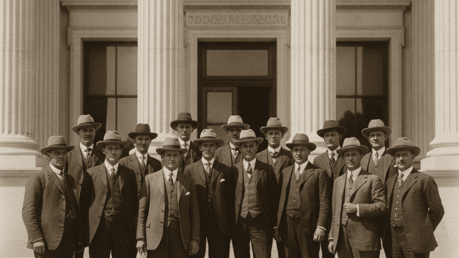 history-california-alien-land-law-1913-7f9b0c27 A monochrome 1913 photograph of California legislators in period-accurate suits standing outside the state capitol building.