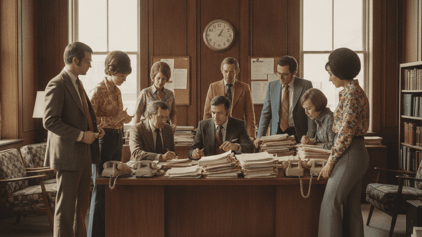 history-california-political-reform-act-1974-e8129481 A group of people in 1970s professional attire gather in a wood-paneled office to review campaign finance documents.