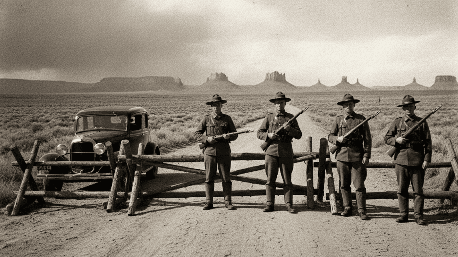 National Guard soldiers in 1930s uniforms stand at a wooden road blockade in a desert landscape.