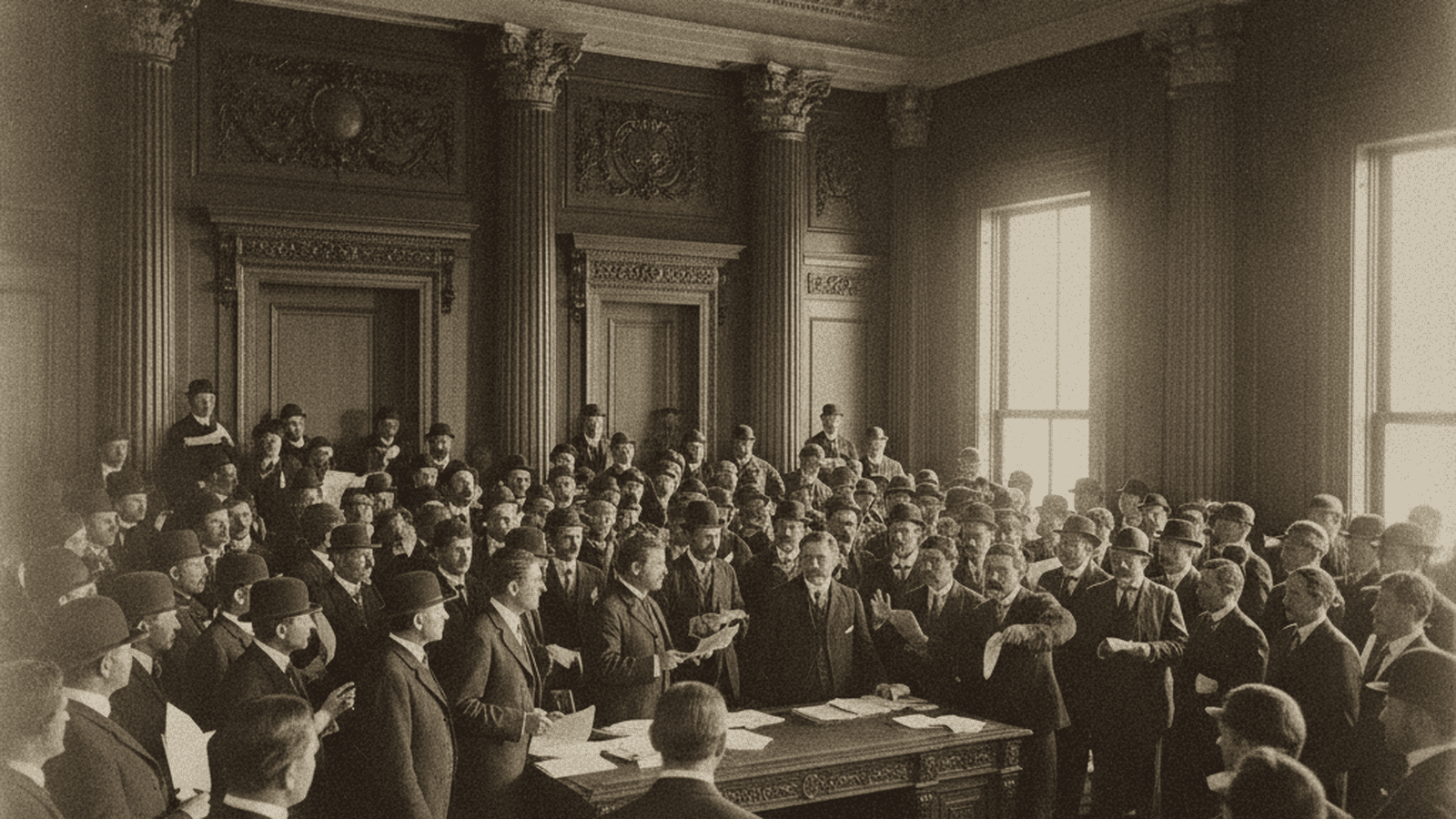 A monochrome 1905 photograph of the Colorado State Capitol chamber filled with men in Edwardian suits during a legislative session.