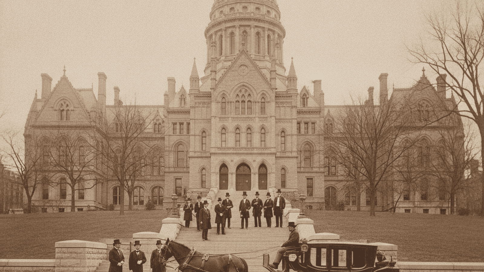 A 1891 sepia photograph of the Connecticut State House with men in frock coats and top hats on the steps.