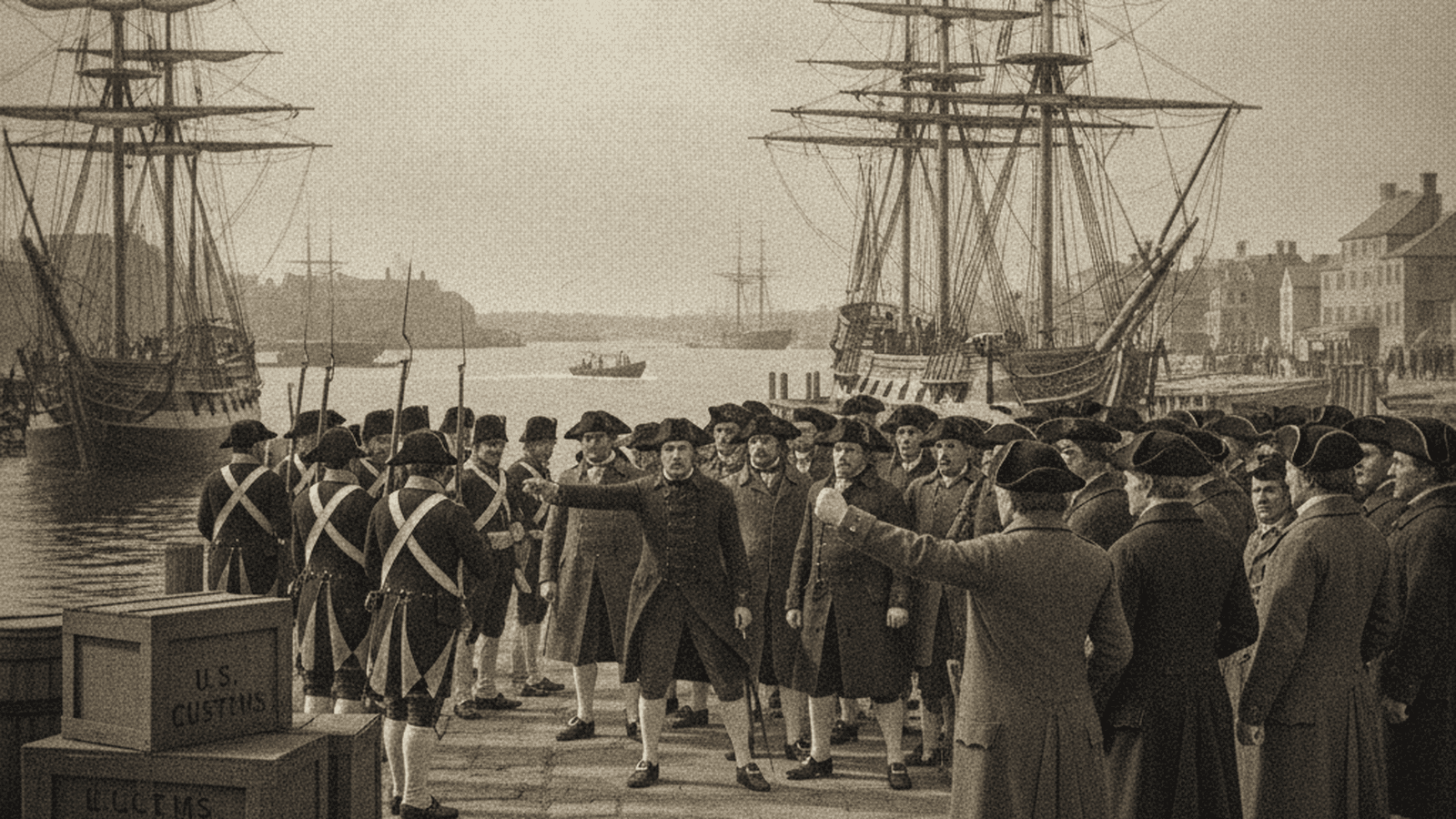 Federal marshals and New England merchants stand in a tense standoff at a harbor in 1808.