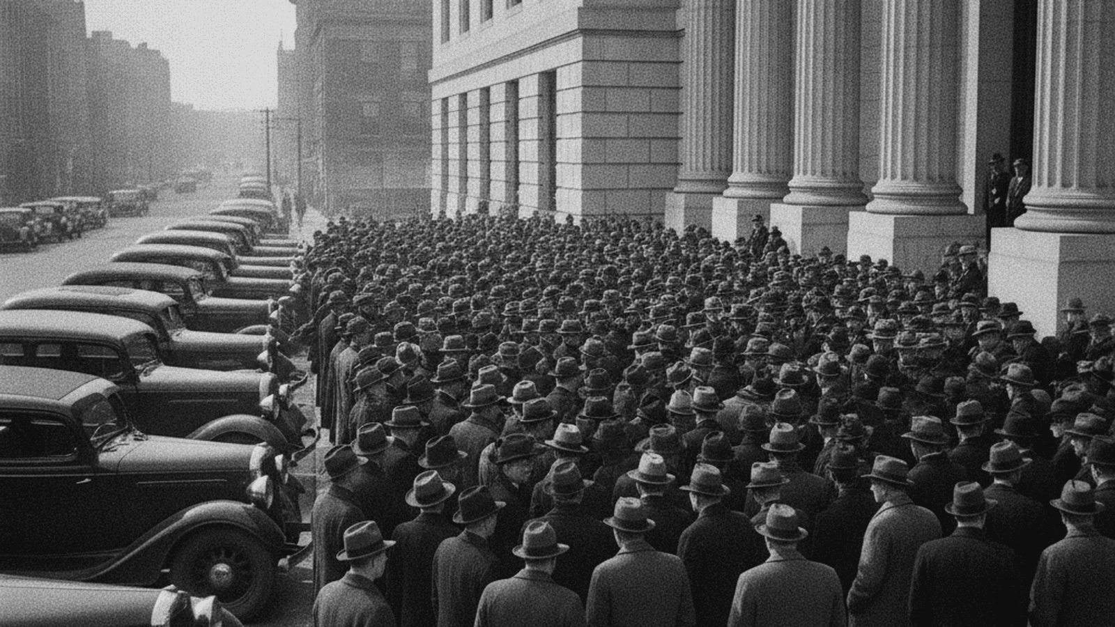 A black-and-white photo of 1930s Jersey City showing men in period attire gathered near a government building.