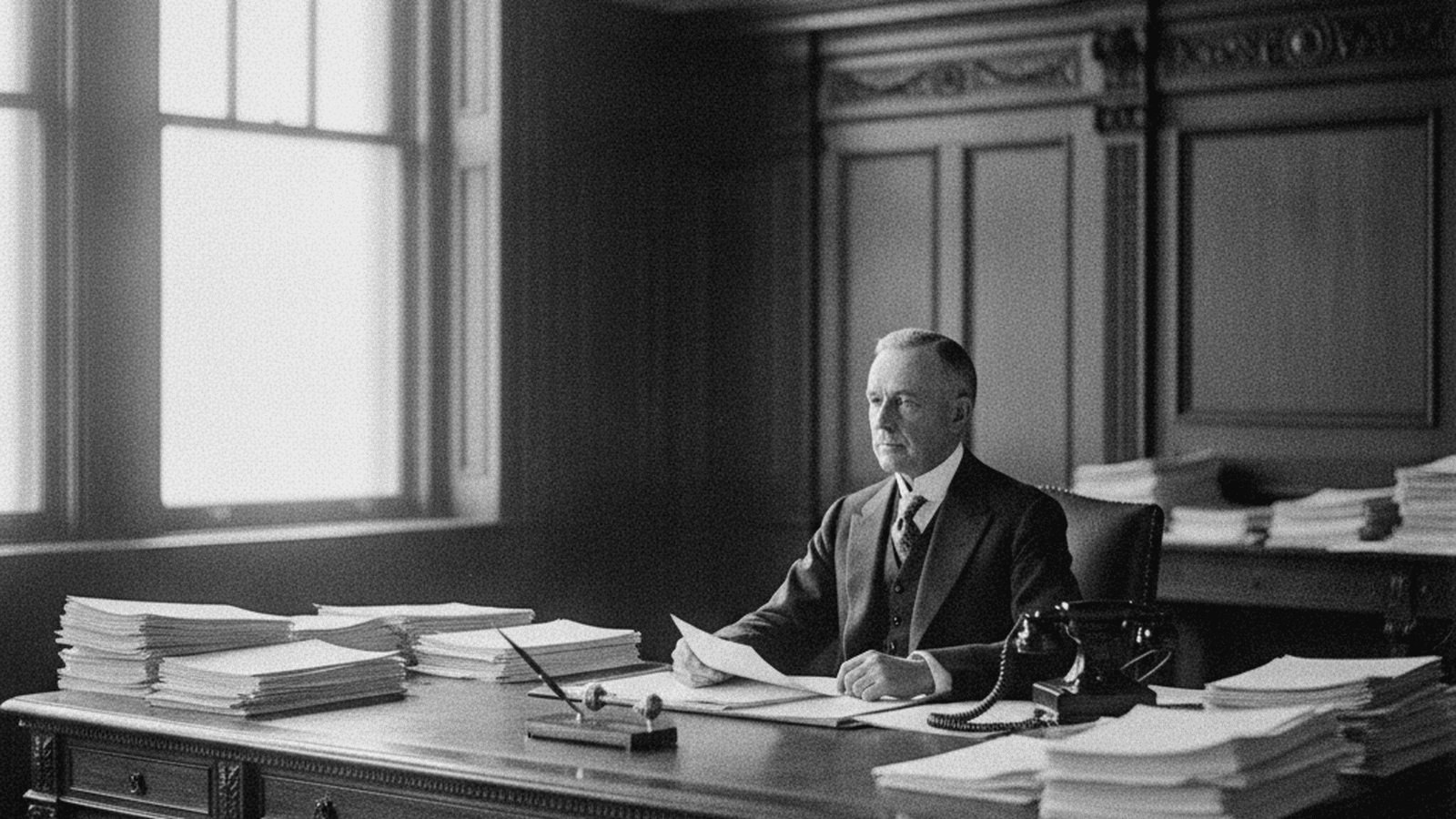 Governor Frank Lowden sits at his desk in the Illinois State Capitol in 1917, symbolizing the centralization of executive power.
