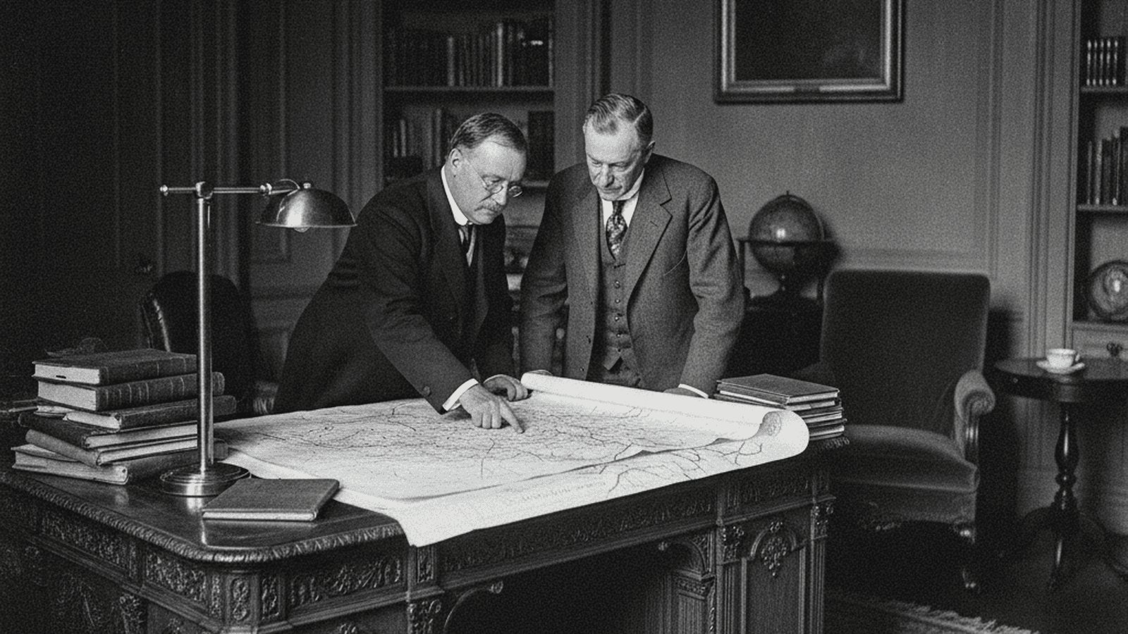 President Theodore Roosevelt and Gifford Pinchot examine maps in a 1907 monochrome photo.