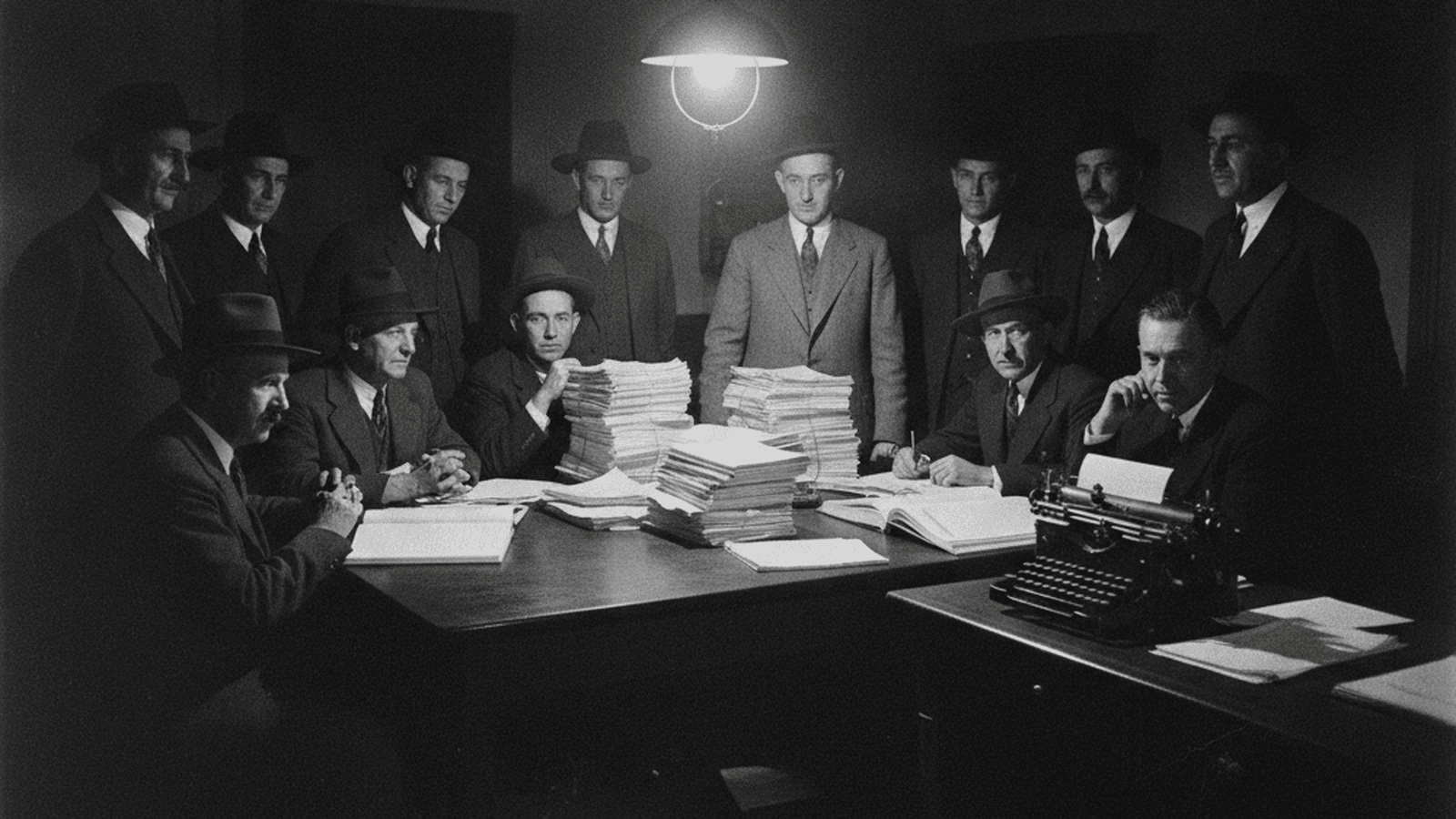 A 1934 monochrome photo of officials investigating paper ballots in a New Mexico municipal office.