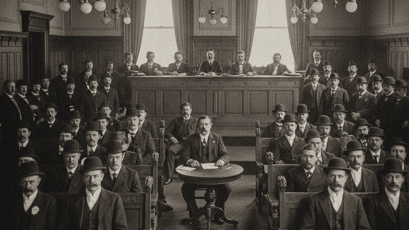 A crowded 1899 New York hearing room during the Mazet Committee investigation into Tammany Hall corruption.