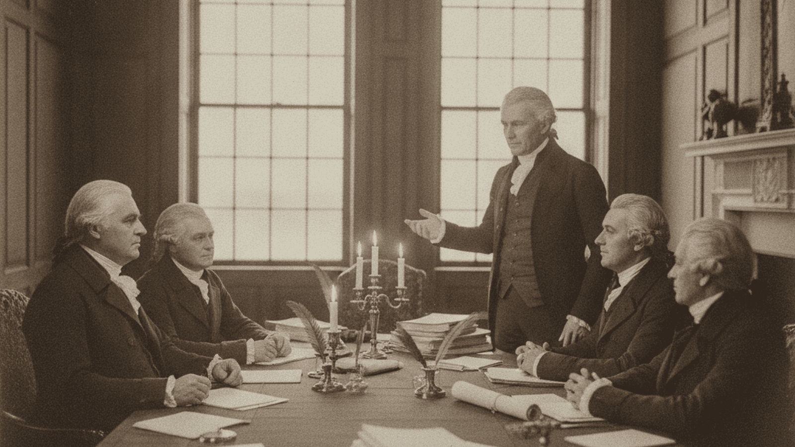 Governor John Jay and the New York Council of Appointment debate patronage powers in a candlelit room in 1801.