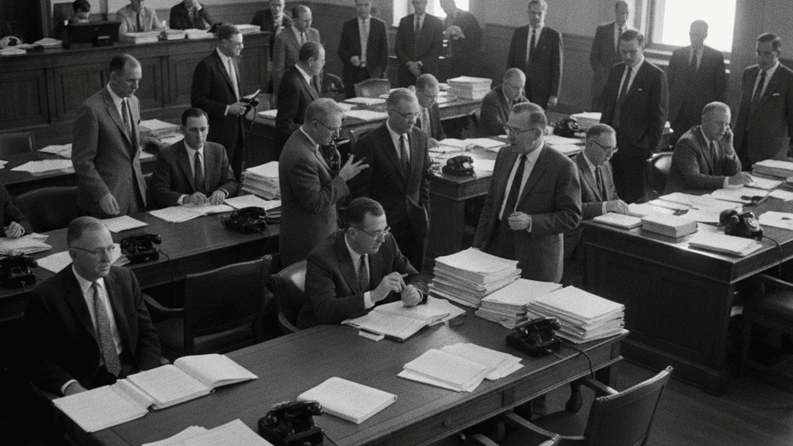 A group of Oklahoma legislators in 1964 discussing redistricting maps inside the state capitol.