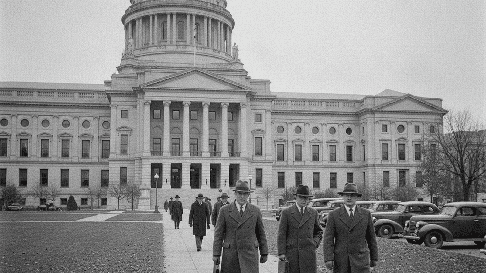 A 1934 black-and-white photograph of the Pennsylvania State Capitol during the political transition of the Little New Deal.