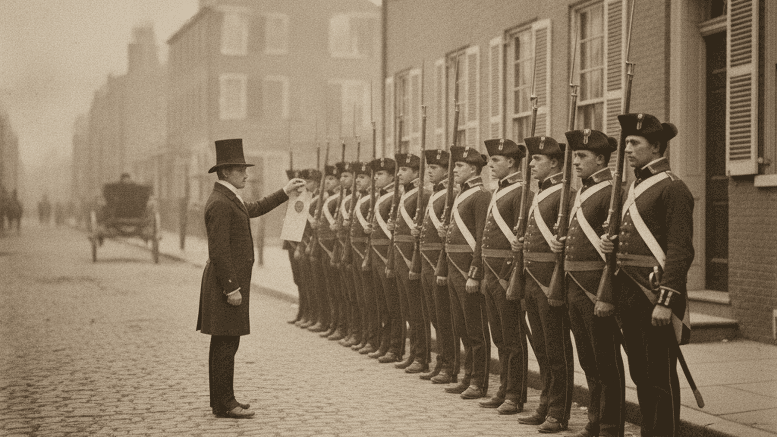 history-pennsylvania-olmstead-crisis-1809-ddf9c0f4 Pennsylvania militia soldiers block a federal marshal in front of a Philadelphia house during the 1809 Olmstead crisis.
