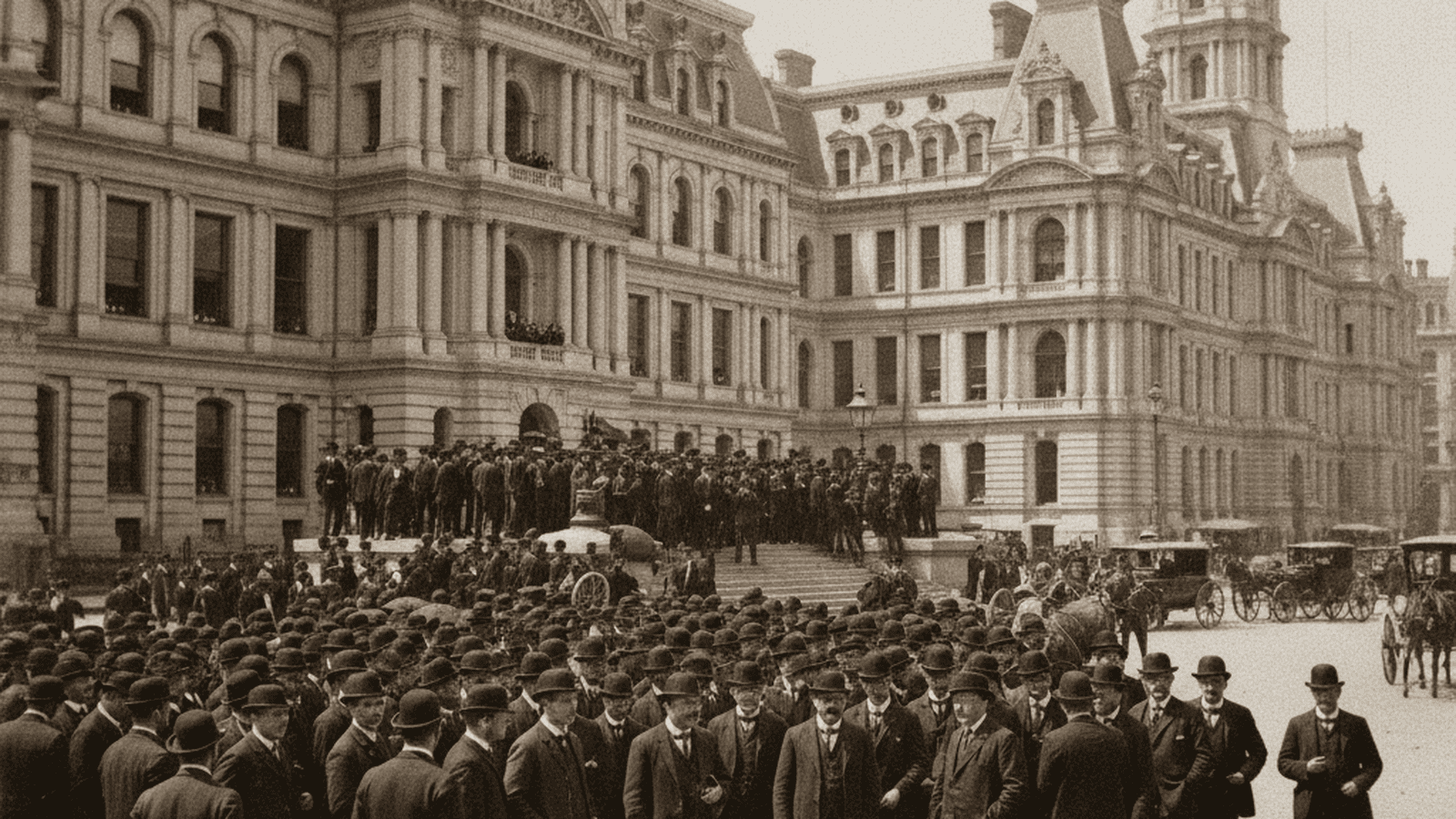 history-philadelphia-gas-works-reform-1905-96f9fdee A large crowd of men in period-accurate 1905 attire gathers outside the ornate Philadelphia City Hall during a political protest.