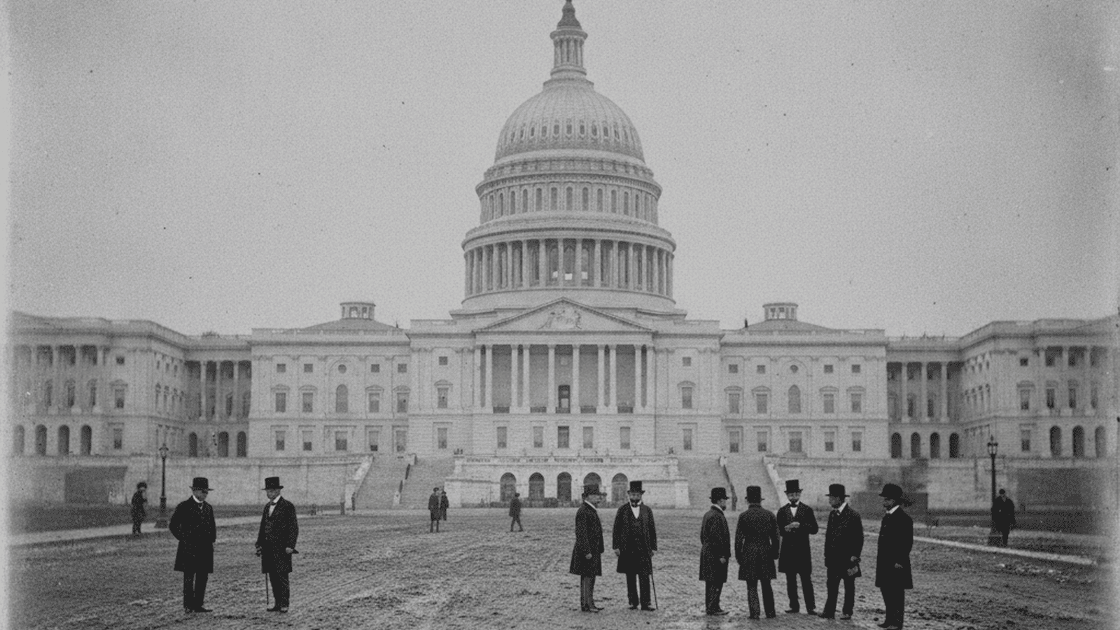 A monochrome 1845 photograph of the U.S. Capitol building with men in top hats standing nearby.