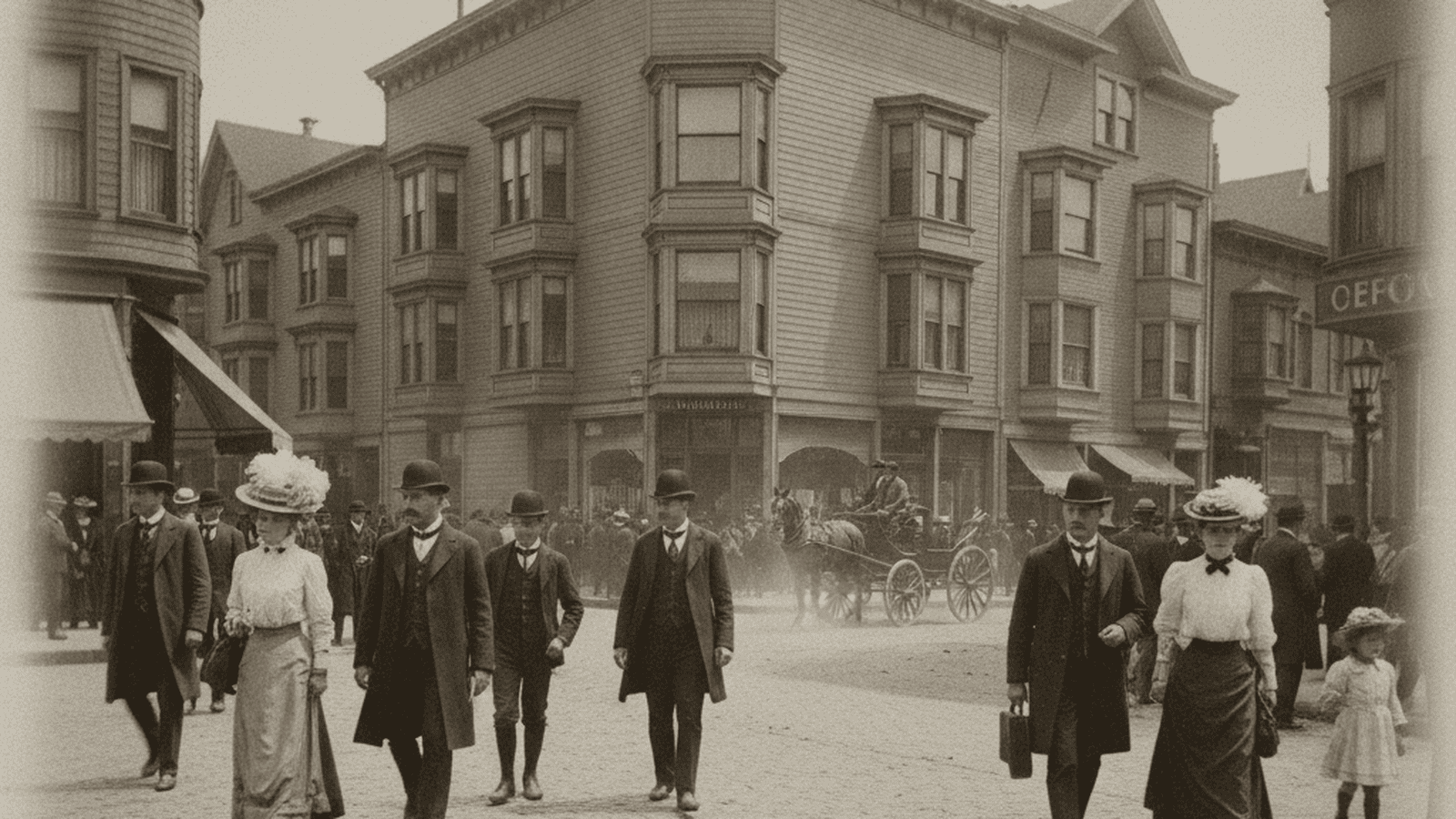 A sepia-toned 1905 street scene in San Francisco showing people in Edwardian clothing walking past Victorian buildings.