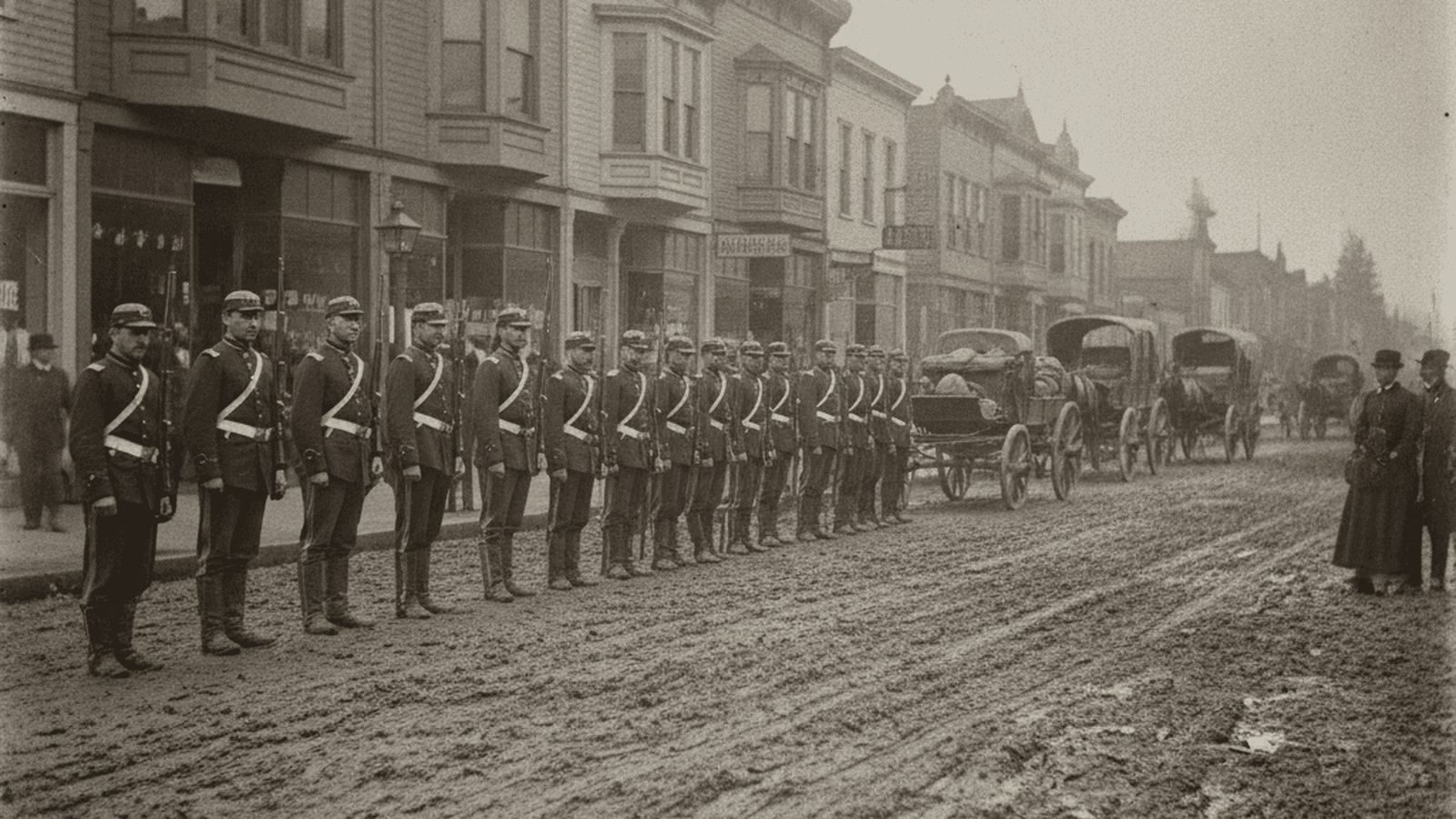 history-seattle-anti-chinese-riots-martial-law-1886-50c26dc4 United States Army soldiers stand guard on a muddy Seattle street during the 1886 anti-Chinese riots.
