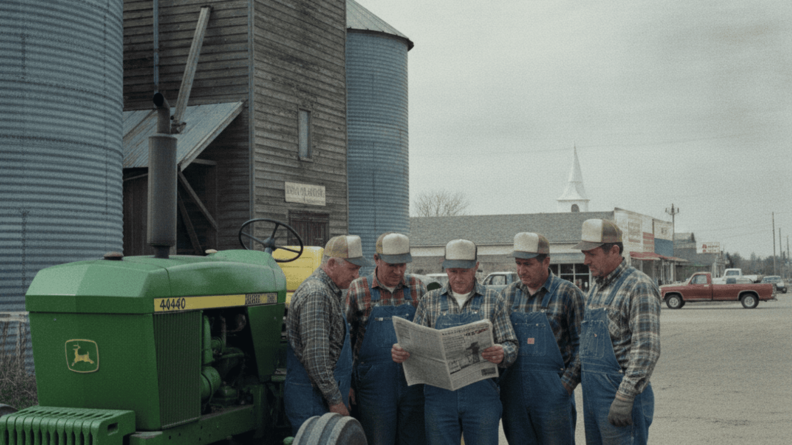Farmers in the Midwest gather near a grain elevator in 1980 to discuss the impact of the federal grain embargo.