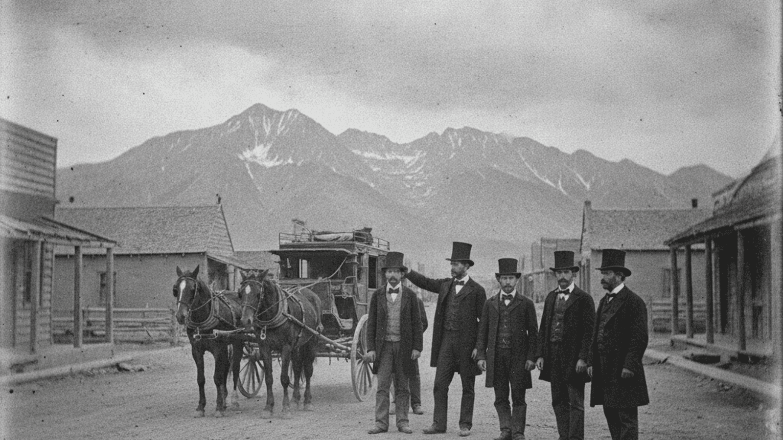 A group of men in 1850s attire stand on a dusty Salt Lake City street near a carriage.
