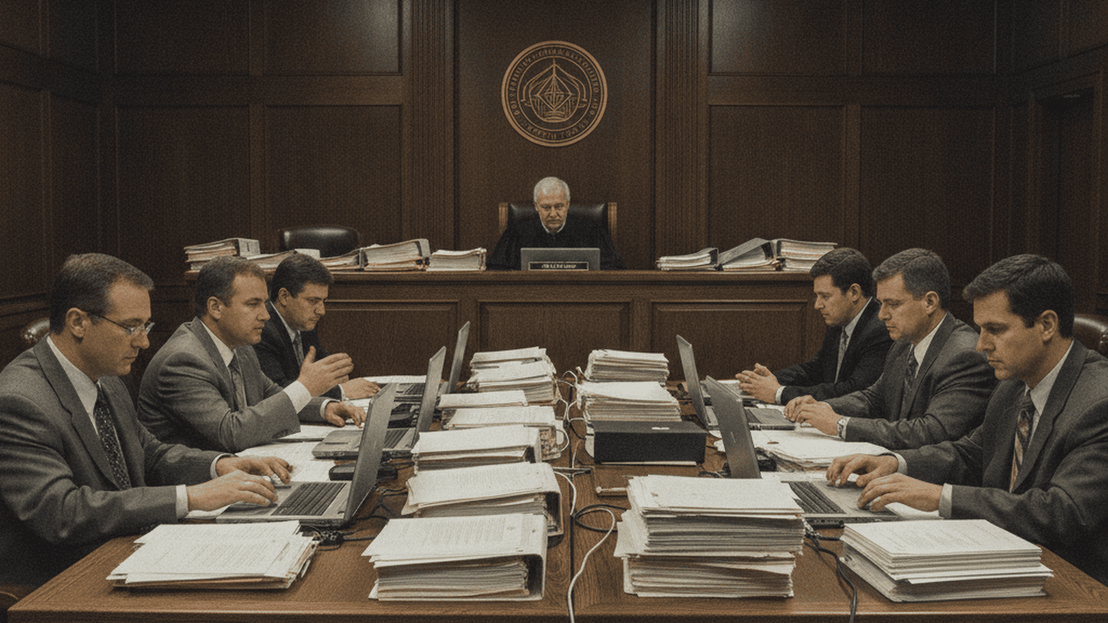 A courtroom scene from the 2005 Washington gubernatorial election trial with lawyers and stacks of documents.