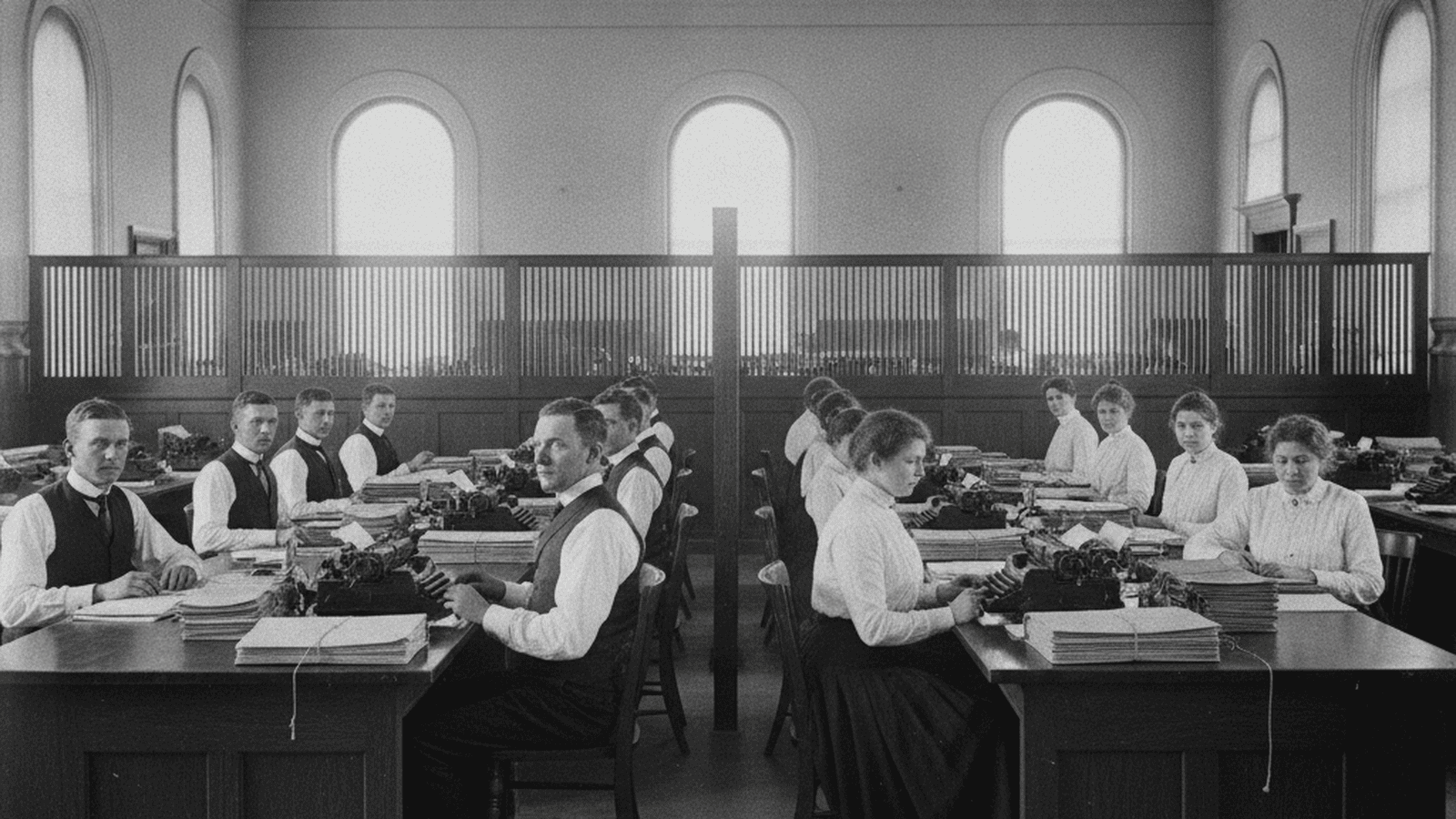 A 1913 black-and-white photograph of a segregated federal office in Washington, D.C., showing a wooden partition dividing the workspace.