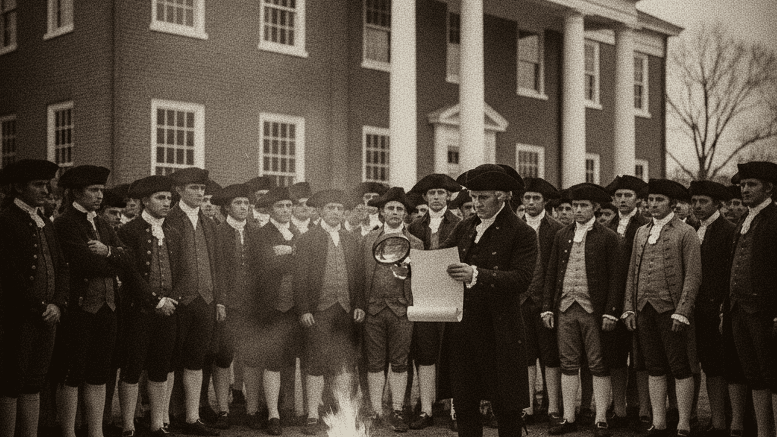 history-yazoo-land-scandal-repeal-1796-86ac5674 A group of 18th-century men in Georgia gather to burn a legal document using a magnifying glass in front of a brick building.