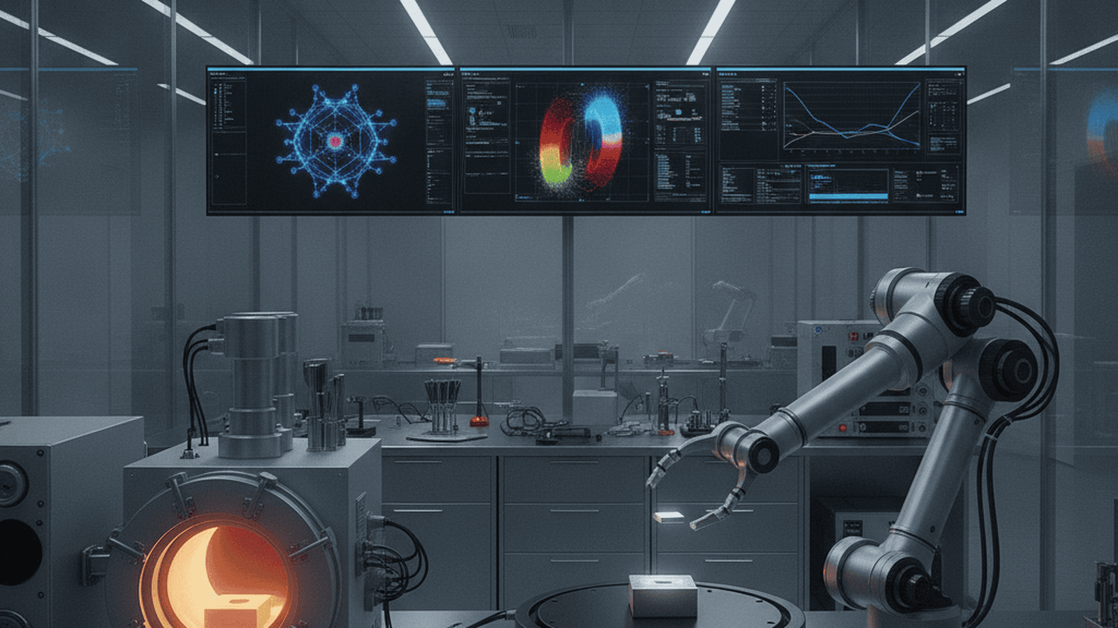 A high-tech laboratory setting showing a metallic alloy ingot being handled by a robotic arm near a glowing induction furnace.