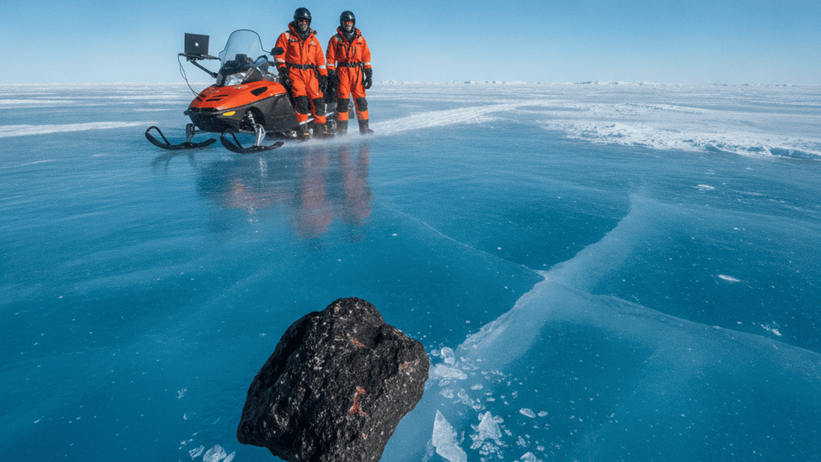 A dark meteorite rests on a vast expanse of blue Antarctic ice with researchers and a snowmobile in the background.