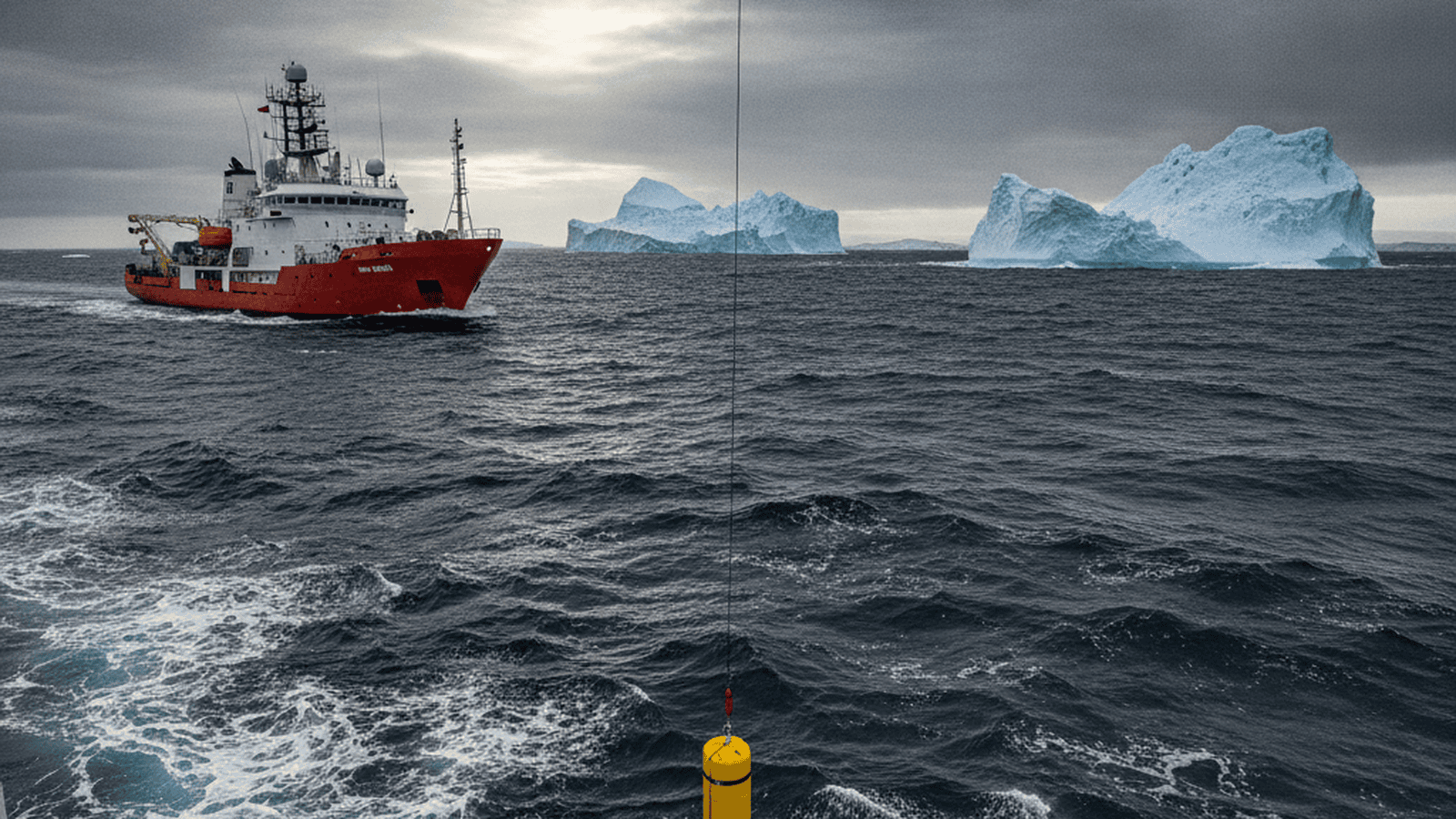 science-antarctic-circumpolar-current-acceleration-784fd80c A research vessel deploying a yellow Argo float in the choppy Southern Ocean with icebergs in the background.
