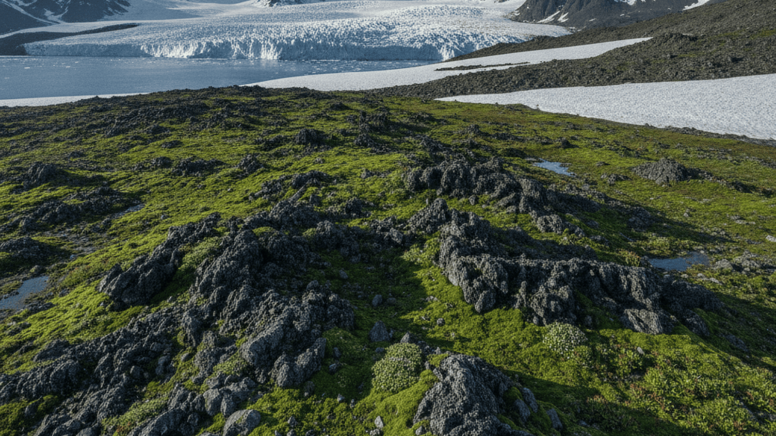 A landscape view of the Antarctic Peninsula showing green moss growing on rocky ground near melting snow and distant glaciers.