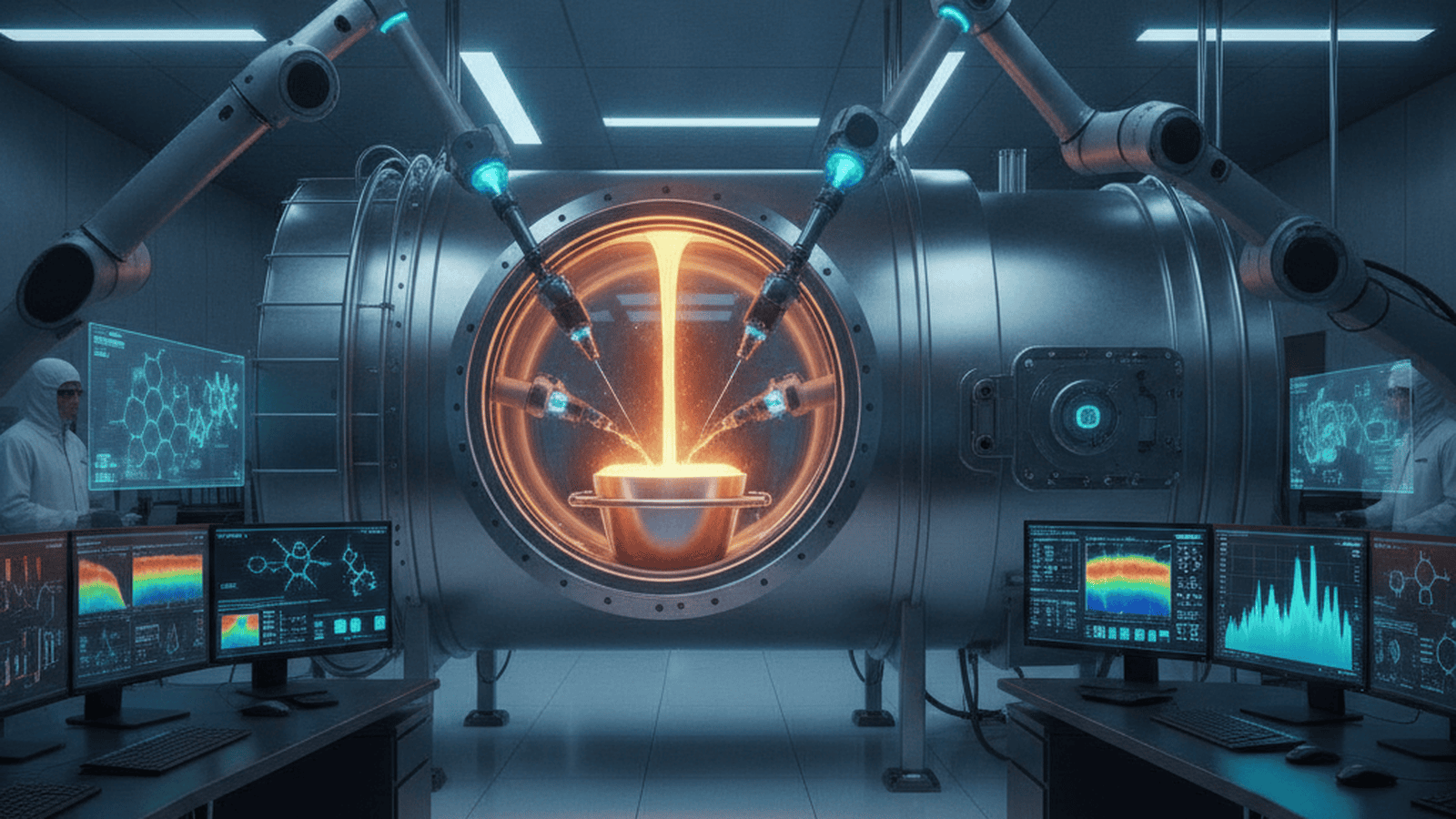science-astroforge-asteroid-refinery-vacuum-test-3fc9b124 A high-vacuum chamber in a private aerospace lab processes simulated asteroid material to extract precious metals.