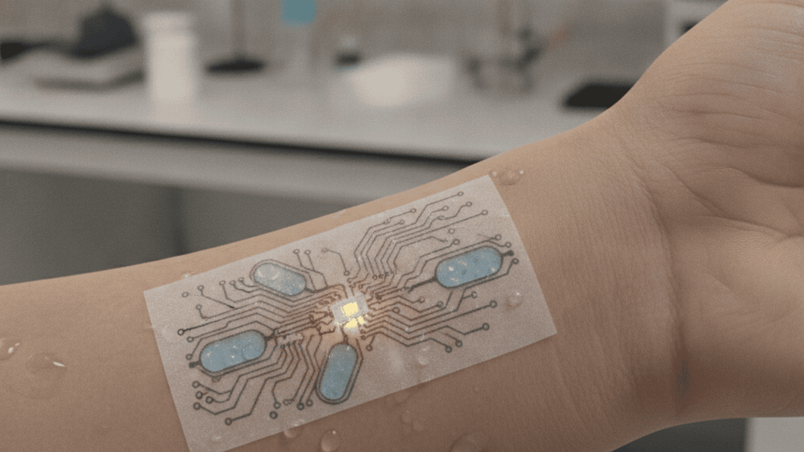 science-binghamton-sweat-powered-biobattery-029d8467 A flexible paper-based bio-battery patch on a person's arm, showing micro-circuits and microbial reservoirs.